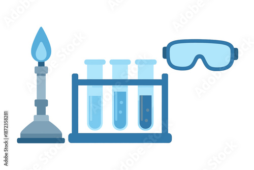 Experiment setup with test tubes, flame, and safety goggles on a lab table for science work