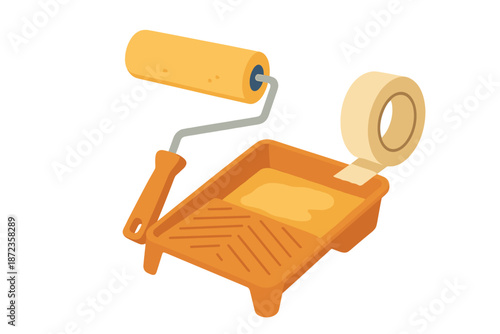 Equipment for painting a wall with roller and tape set on a tray ready for use