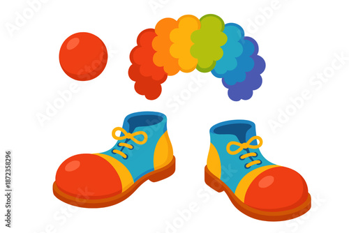 Bright clown shoes and colorful accessories on a white background for fun and playful activities