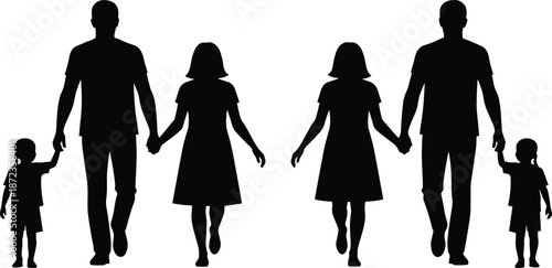 Family silhouettes walking together holding hands, parents and children bonding love care lifestyle concept isolated on white background