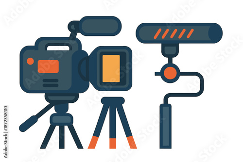 Film equipment setup with a camera and lighting gear for a shoot in a studio space