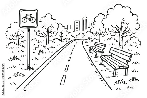 Biking path with benches and city skyline in the background during a sunny day