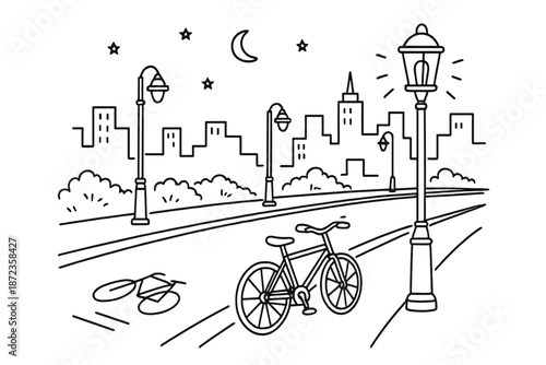 Bicycle parked on empty street near city skyline under night sky with stars and moon