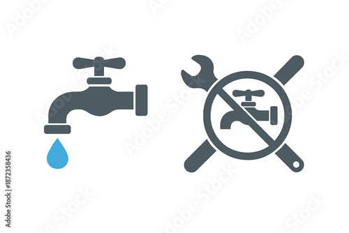 Water faucet with a drip next to a no repair sign indicating the need for maintenance