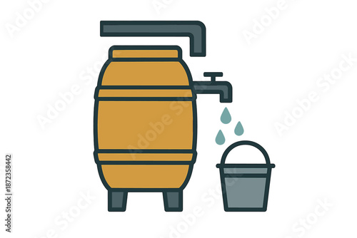 Water is drawn from a barrel using a spout into a bucket during a sunny day in a garden