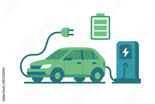 Electric car charging at a charging station with a battery icon