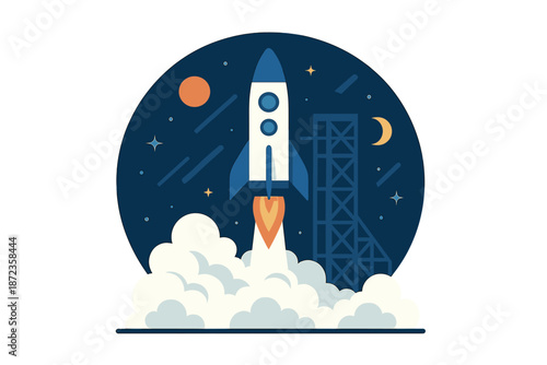 Rocket launches from a launch pad at night with stars and planets visible in the sky