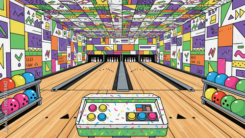 Retro Bowling Alley Interior, Colorful retro bowling alley interior illustration with bold patterns and playful lighting, inspired by vintage leisure culture.
