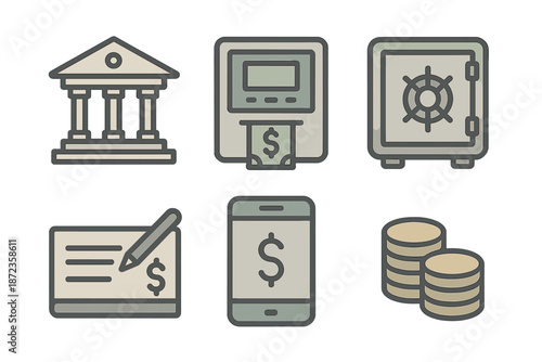 Financial symbols including bank building, ATM, check, smartphone, coins, and safe for money management concepts