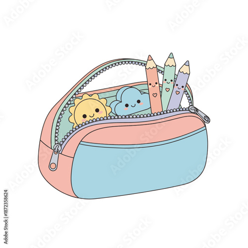 Kawaii pencil case with stationery characters. Open zipper pouch with pencils sun and cloud. Flat vector illustration isolated on transparent background