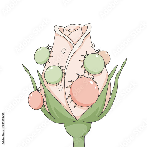 Aphids on rosebud flat vector illustration. Garden pest infestation and plant damage concept. Green and pink insects on flower isolated