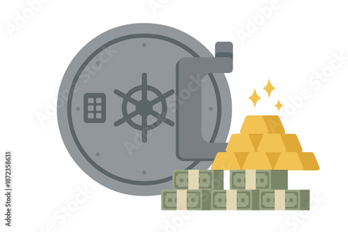 Secure vault holds stacks of money and gold bars during the day in an indoor setting