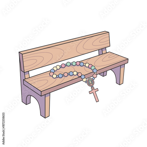 Wooden church pew with colorful rosary beads. Flat vector illustration of religious bench and cross isolated. Christian prayer and faith concept