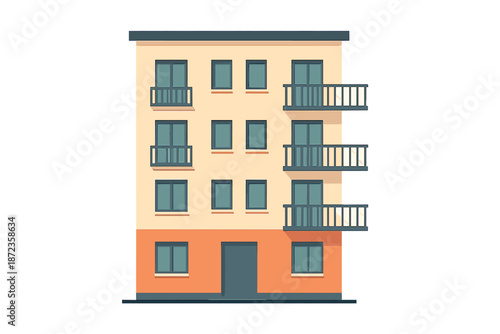 Building with balconies and windows in a simple design located in an urban setting with a clear blue background