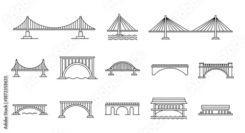 Various types of bridge designs in a collection of black and white icons