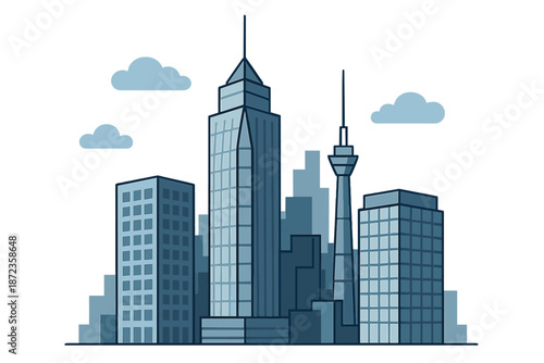 City skyline with tall buildings and a tower under cloudy sky in the daytime