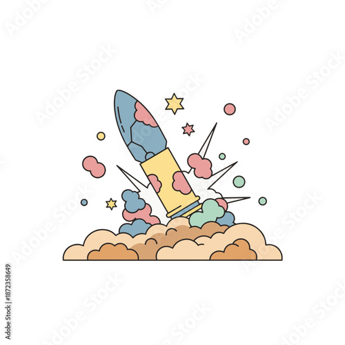 Exploded artillery shell impact on ground. Flat design vector illustration with soft pastel colors. Cartoon bomb blast icon