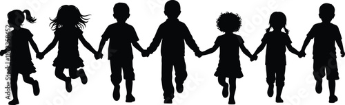 Happy children silhouettes holding hands and jumping together, friendship unity childhood concept isolated on white background illustration
