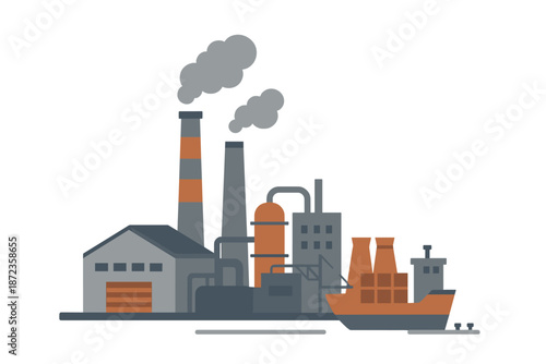 Factory with smoke stacks and a ship in a busy industrial area along a river or coastline