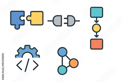 Visual display of digital design elements including puzzle pieces, connectors, flowcharts, gears, and network diagrams used in technology projects