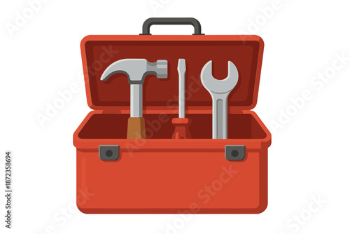 Red toolbox with tools including hammer, screwdriver, and wrench placed open showing various equipment inside for practical use