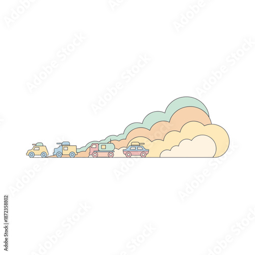 Moving vehicle convoy with sand cloud. Flat design vector illustration in soft pastel colors. Military transport and logistics concept isolated on transparent background