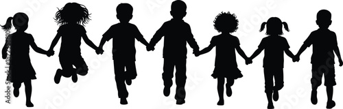 Happy children silhouettes holding hands and running together, joyful friendship unity childhood concept isolated on white background illustration