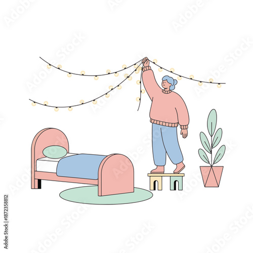 Person decorating bedroom with string lights. Flat design vector illustration in soft pastel colors. Character hanging fairy lights in a cozy room isolated on transparent background