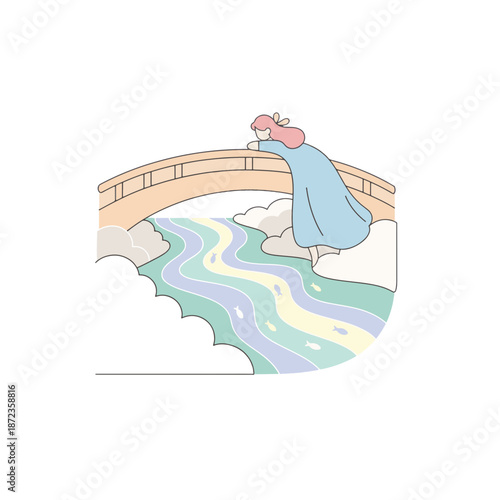 Woman leaning on bridge railing above river. Flat design vector illustration in soft pastel colors. Minimalist character graphic isolated on transparent background