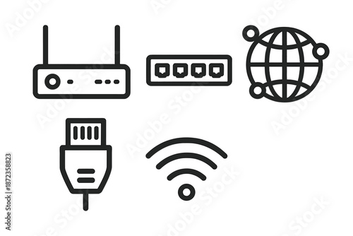 Network equipment and symbols showing internet connectivity and communication tools in a digital space
