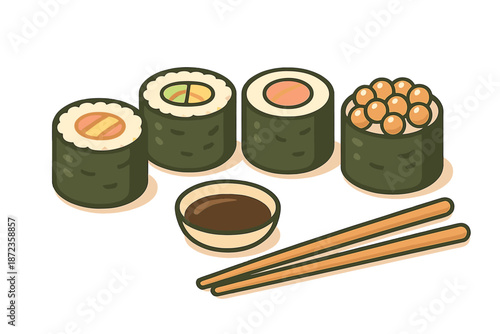 Sushi rolls on a table with soy sauce and chopsticks during a meal time