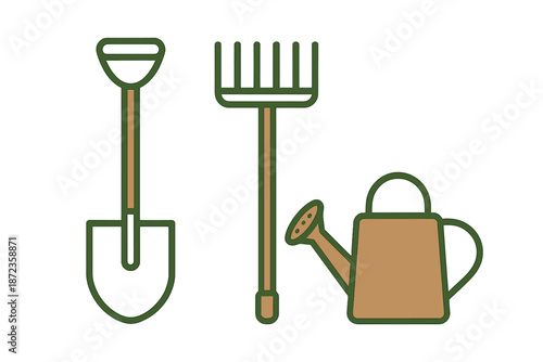 Tools for gardening include a shovel, rake, and watering can for outdoor projects