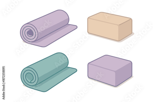 Different colors and shapes of yoga mats and blocks displayed on a simple background for fitness and exercise use