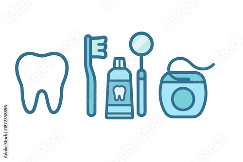 Tools for dental care shown with a tooth, toothbrush, toothpaste tube, dental mirror, and floss