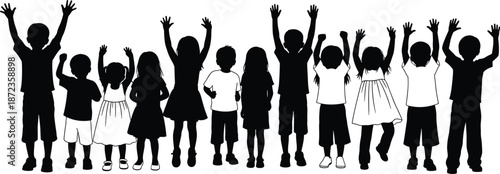 Happy children silhouettes jumping and cheering together, joyful kids celebration concept, childhood fun energy illustration design