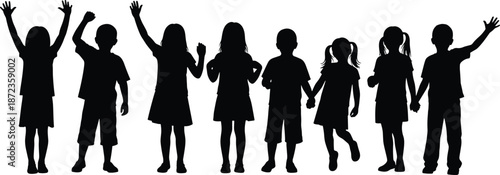 Happy children silhouettes raising hands and holding together, playful childhood celebration concept isolated on white background illustration