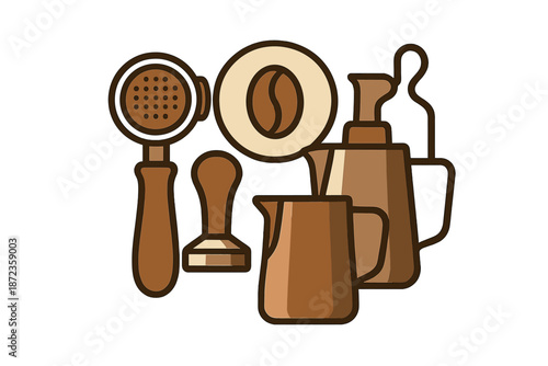 Coffee tools and equipment laid out for brewing a cup of coffee at a home kitchen in the morning