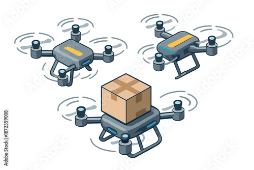 Drones deliver a box in a digital scene with flying machines and a package above them