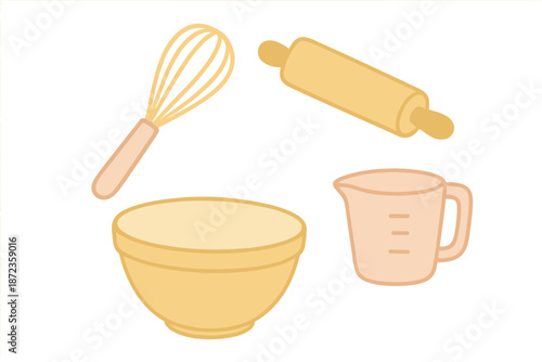 Tools and utensils for baking shown on a plain background in simple design
