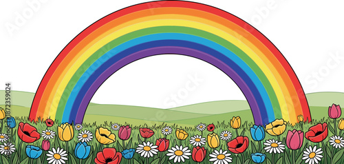 A colorful rainbow arched over a vibrant garden filled with tulips and daisies on transparent background