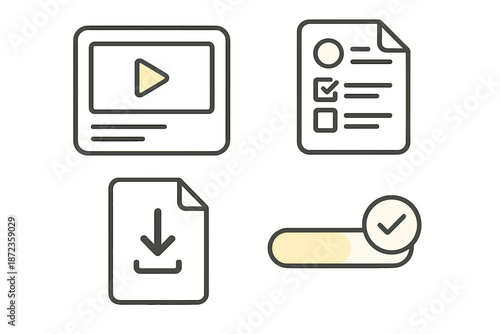Visual elements showing media, checklist, download document, and confirmation button for online tasks