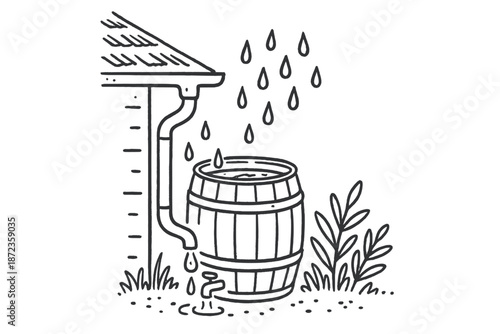 Water collects in a barrel from a roof, showing a rainy day scene in a garden setting