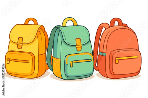 Backpacks in yellow, green, and orange colors lined up on a plain background in a simple design