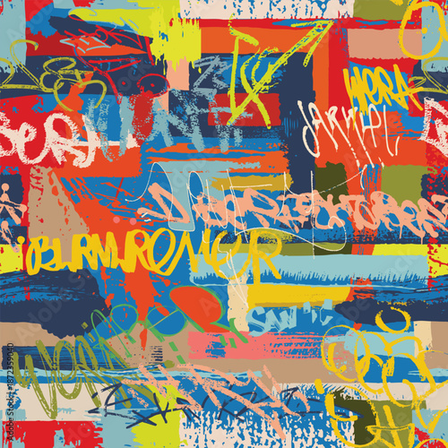 Abstract graffiti colors tags texture. Multicolored calligraphic inscriptions on dirty grunge background collage. Seamless hand-drawn style street art pattern. Vector wallpaper