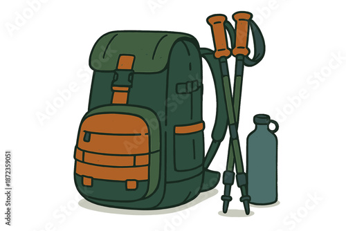 Hiking gear includes a backpack, trekking poles, and a water bottle ready for outdoor adventure in a natural setting