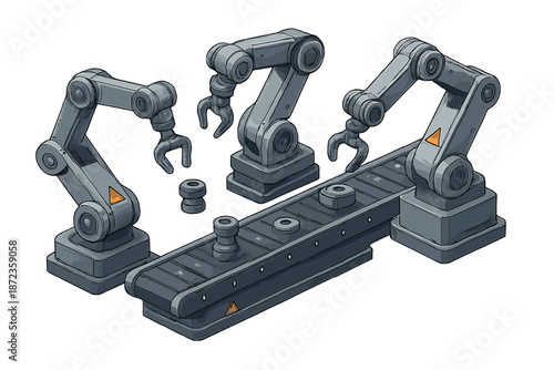 Robots working on a conveyor belt in a factory setting during daylight hours