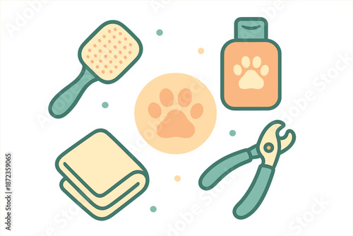 Grooming tools and pet care items on a light background with colorful accents for pet owners