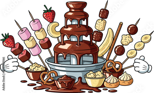 A large chocolate fountain surrounded by an assortment of fruits and desserts on transparent background