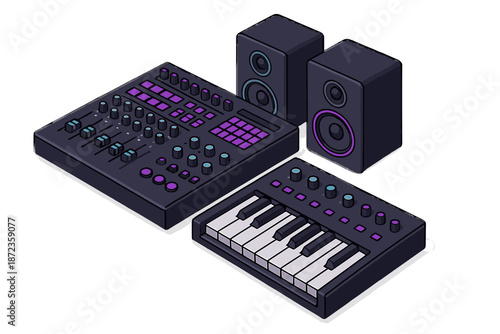 Electronic music equipment setup with keyboard and speakers in a studio environment