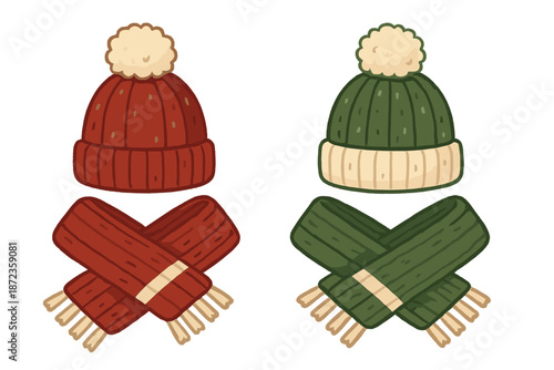 Warm winter accessories with hats and scarves in red and green colors ready for cold weather clothing